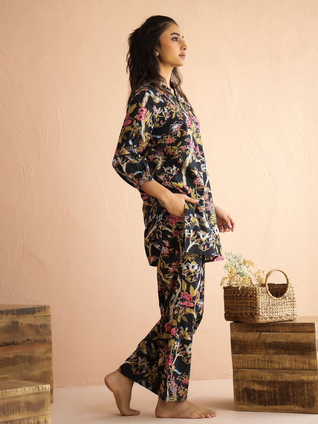 Olive Mandarin Collar Pure Cotton Printed Floral Night Suit for Women