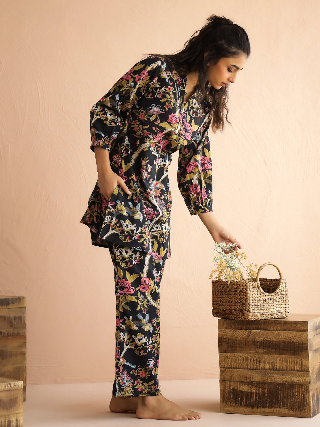Olive Mandarin Collar Pure Cotton Printed Floral Night Suit for Women