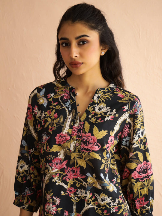 Olive Mandarin Collar Pure Cotton Printed Floral Night Suit for Women