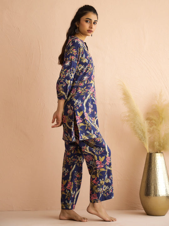 Navy Blue Mandarin Collar Pure Cotton Printed Floral Night Suit for Women