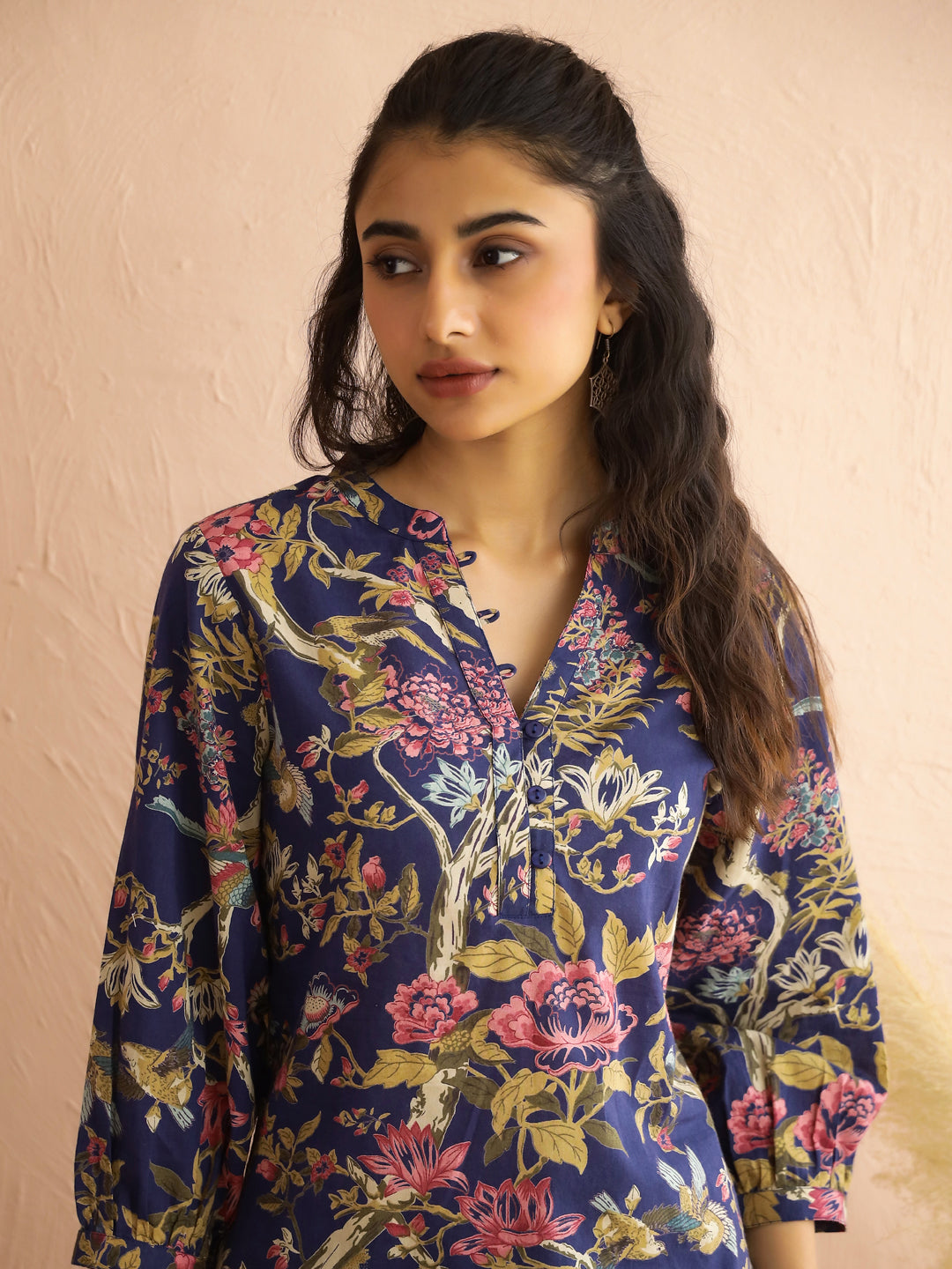 Navy Blue Mandarin Collar Pure Cotton Printed Floral Night Suit for Women