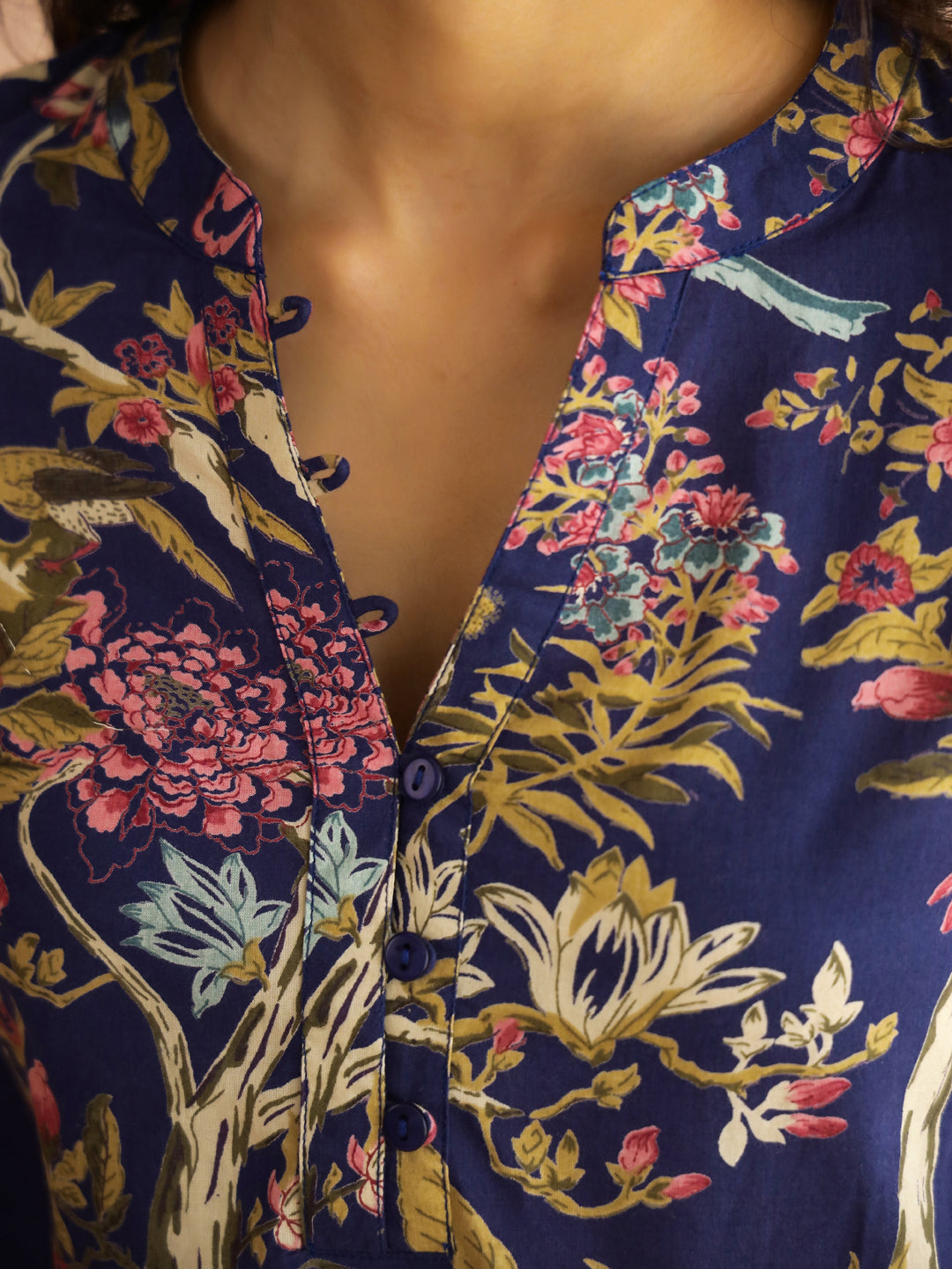 Navy Blue Mandarin Collar Pure Cotton Printed Floral Night Suit for Women