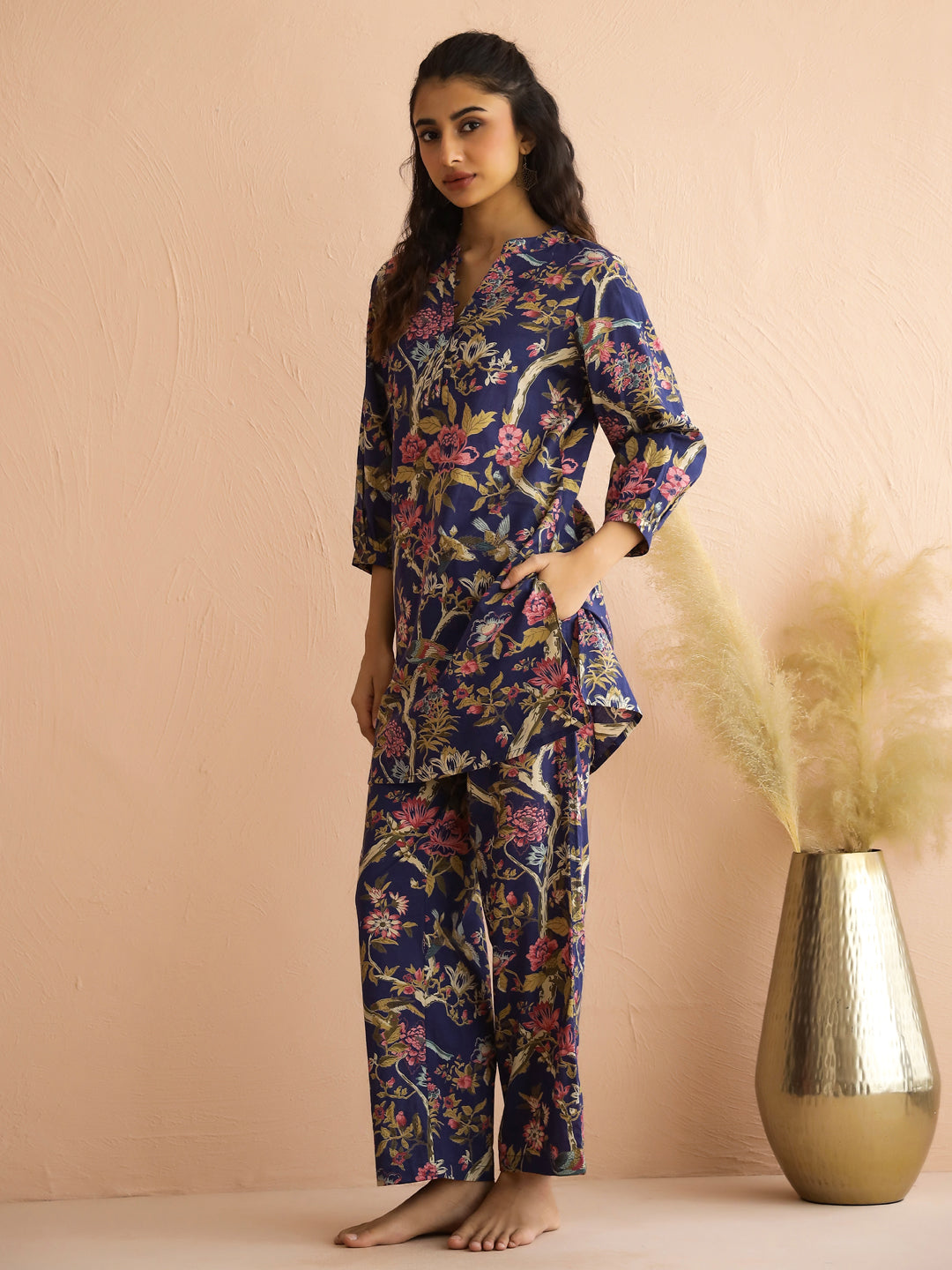 Navy Blue Mandarin Collar Pure Cotton Printed Floral Night Suit for Women