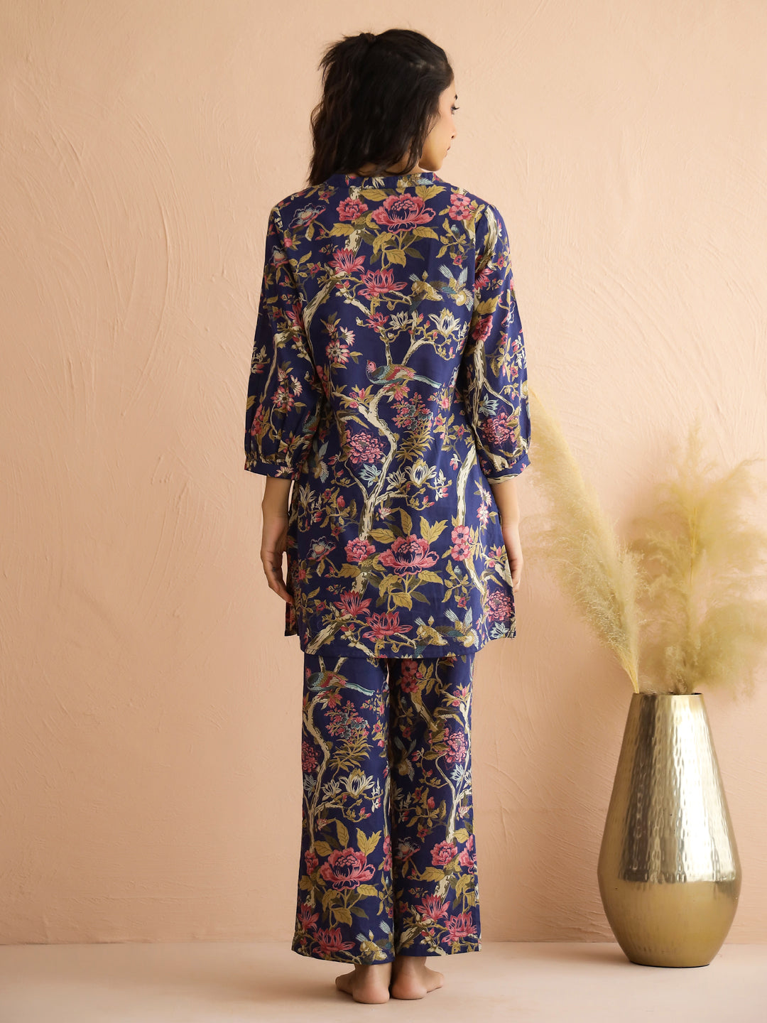 Navy Blue Mandarin Collar Pure Cotton Printed Floral Night Suit for Women