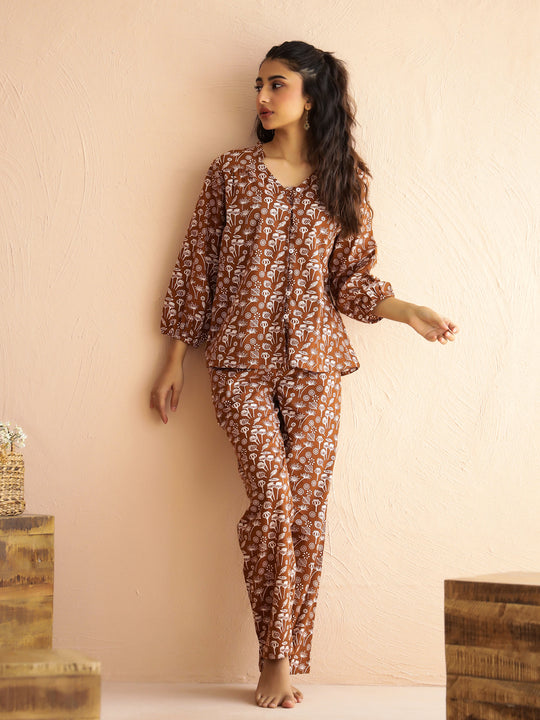 Brown V-Neck Pure Cotton Printed Floral Night Suit for Women