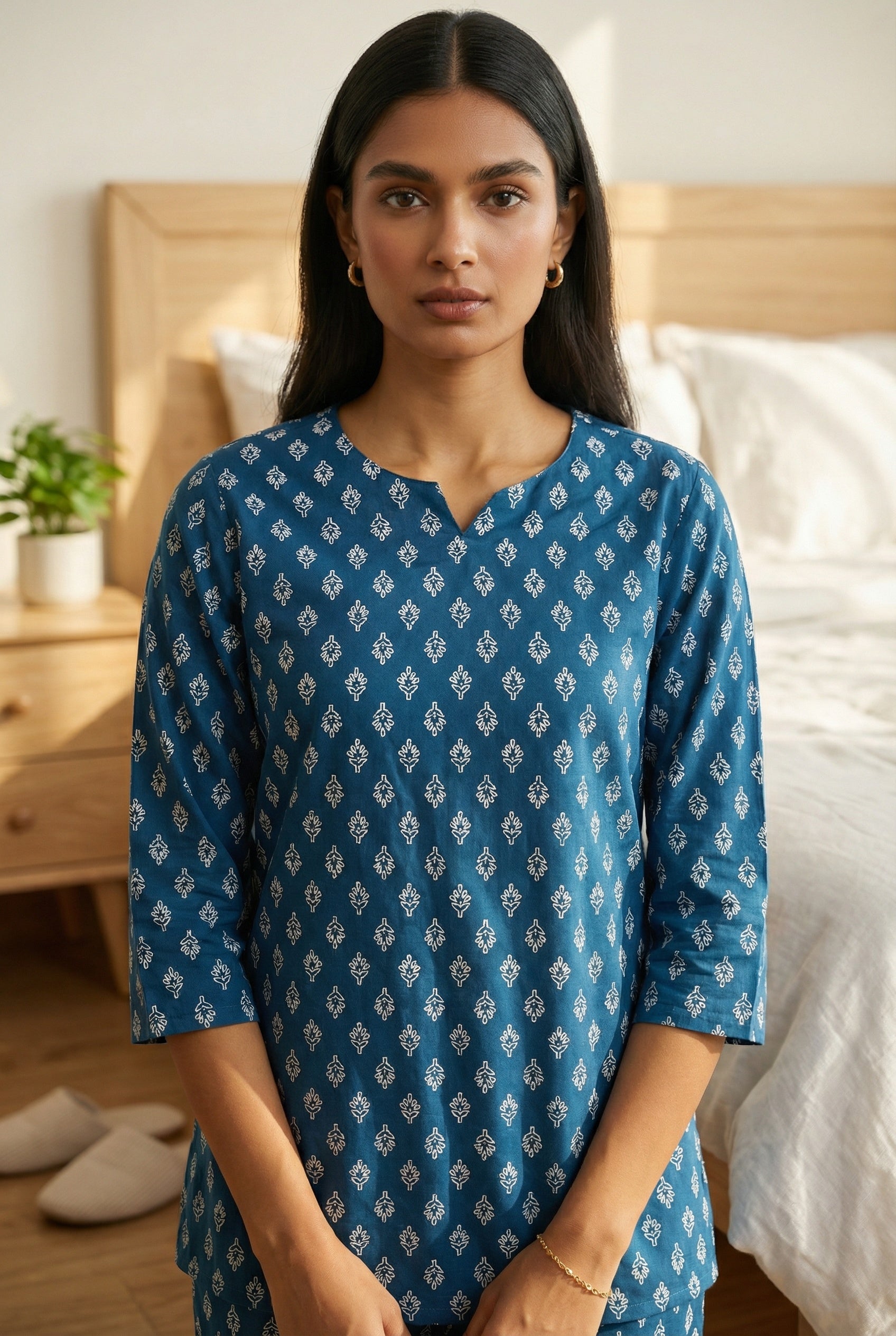 Blue Round Neck Print Ethnic Motifs Night Suit For Women