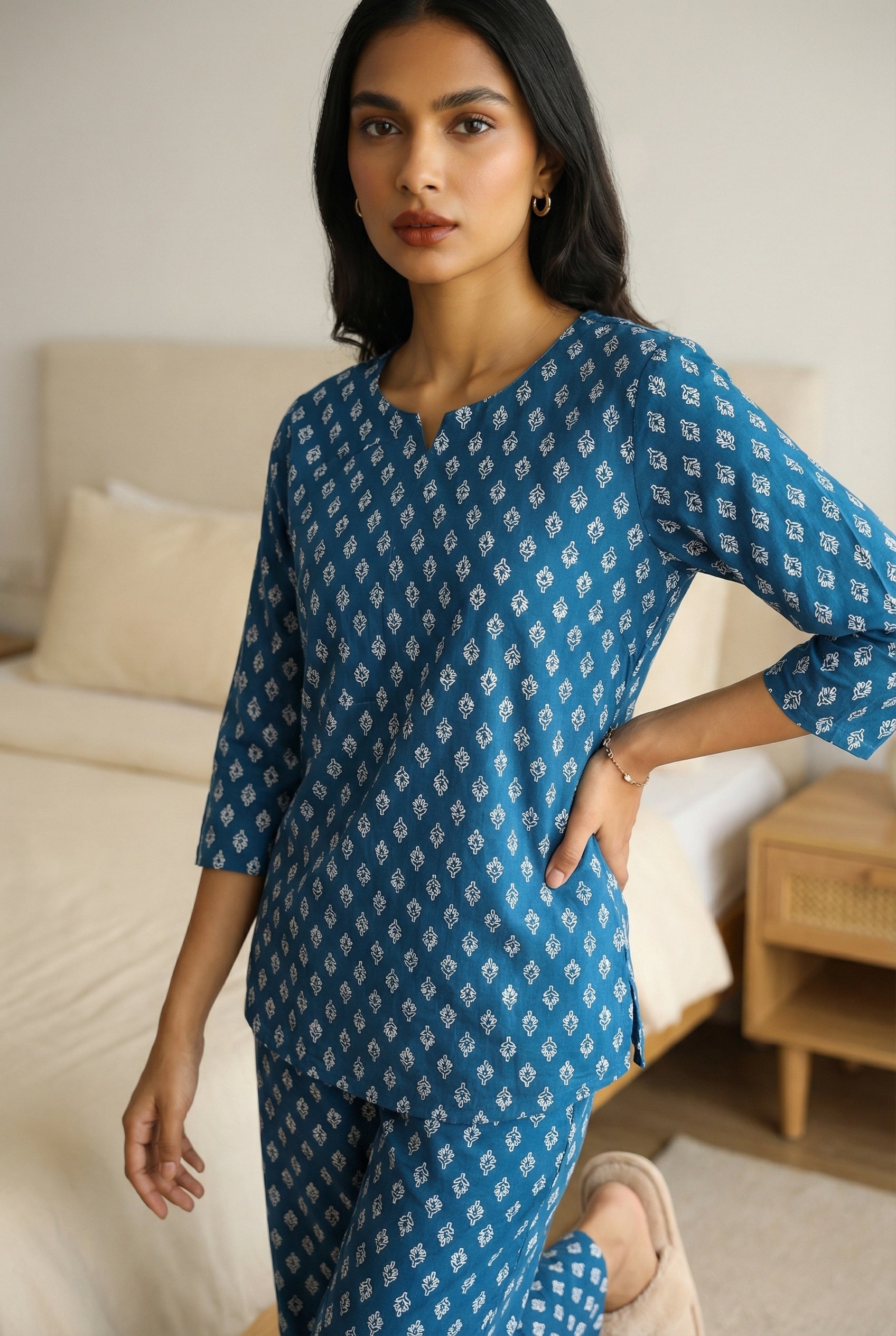 Blue Round Neck Print Ethnic Motifs Night Suit For Women