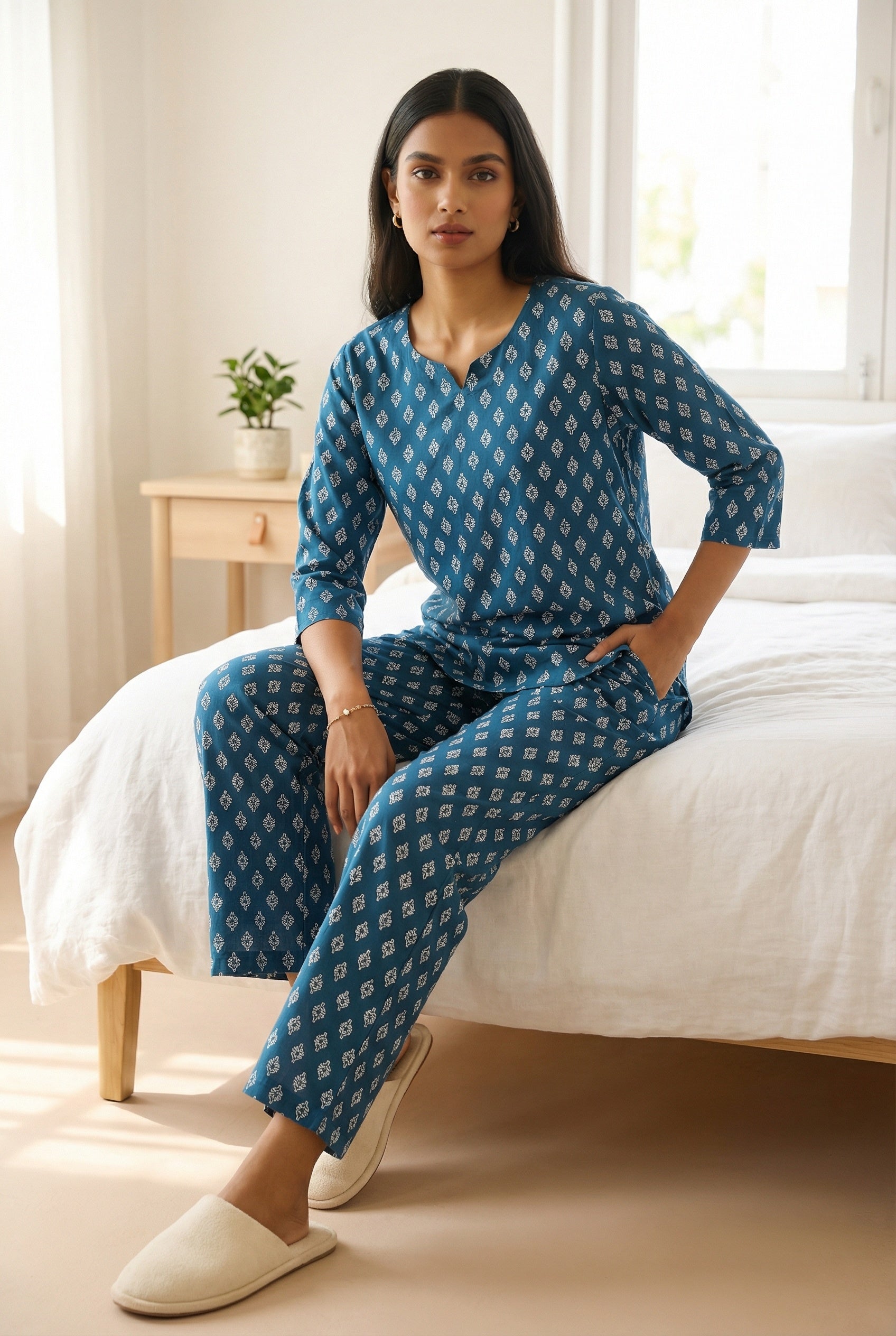 Blue Round Neck Print Ethnic Motifs Night Suit For Women