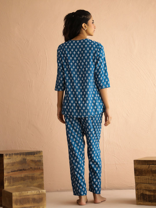 Blue Round Neck Viscose Rayon Printed Ethnic Motifs Night Suit for Women