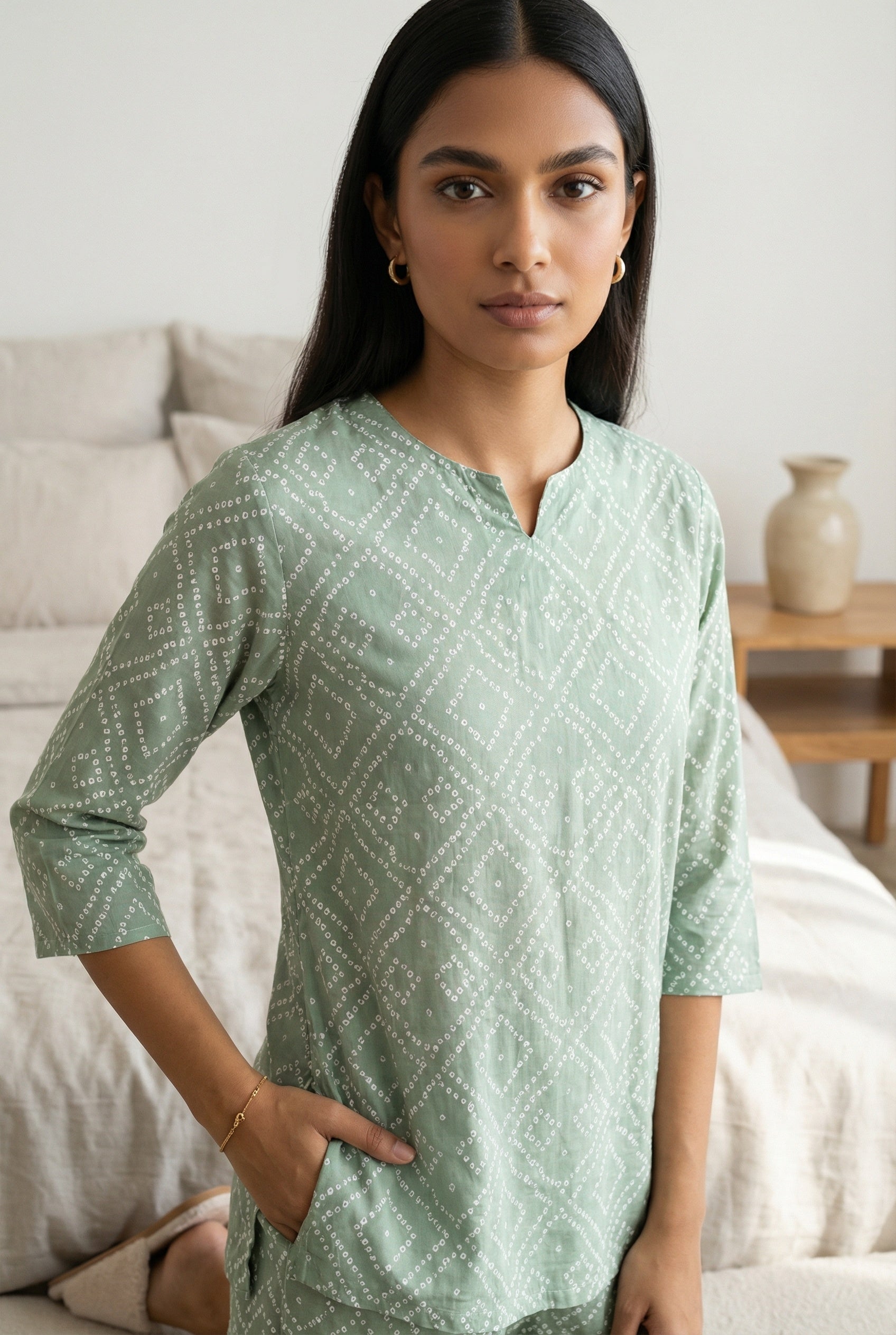 Sea Green Ethnic Motif Round Neck Night Suit For Women