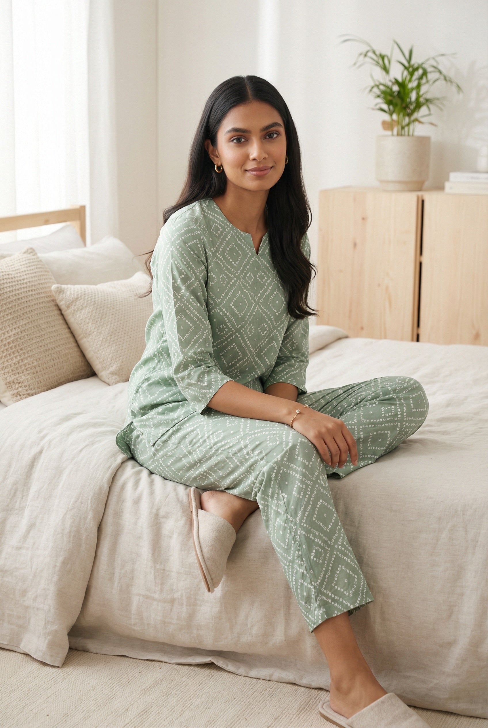 Sea Green Ethnic Motif Round Neck Night Suit For Women