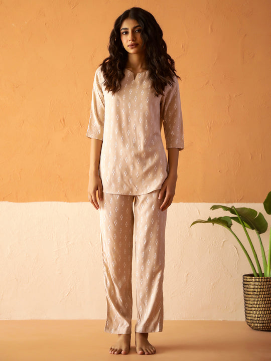 Cream Round Neck Viscose Rayon Printed Ethnic Motifs Night Suit for Women