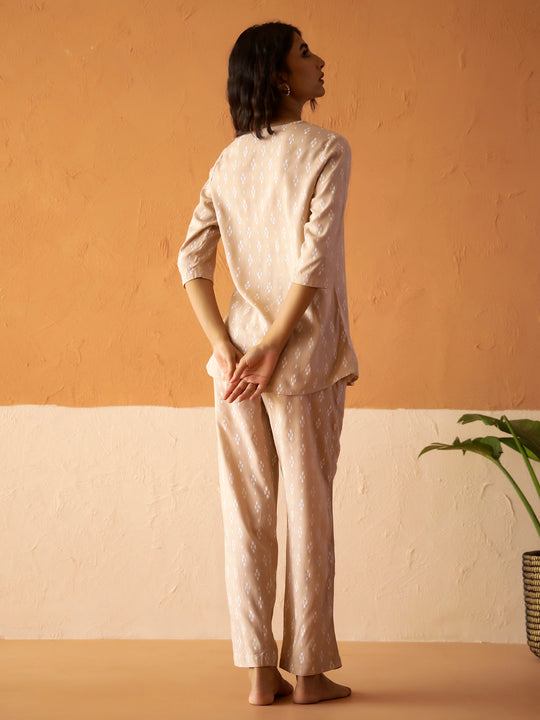 Cream Round Neck Viscose Rayon Printed Ethnic Motifs Night Suit for Women