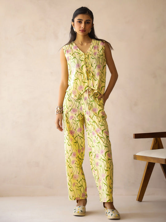 Yellow V-Neck Pure Cotton Printed Floral Night Suit for Women