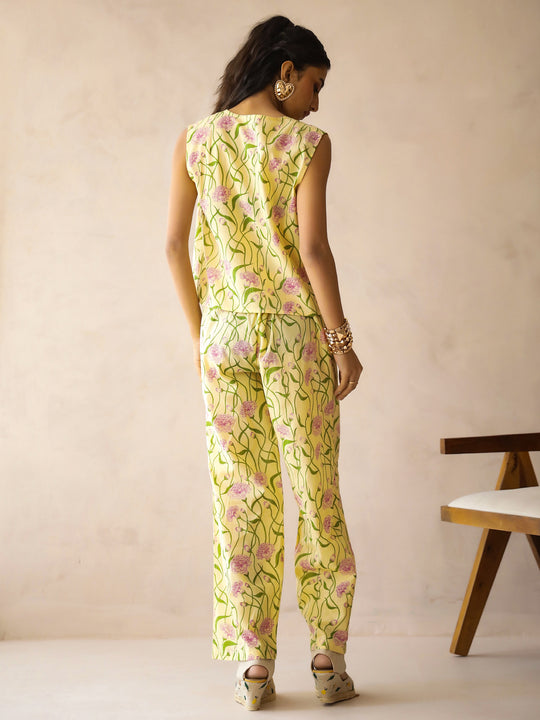 Yellow V-Neck Pure Cotton Printed Floral Night Suit for Women
