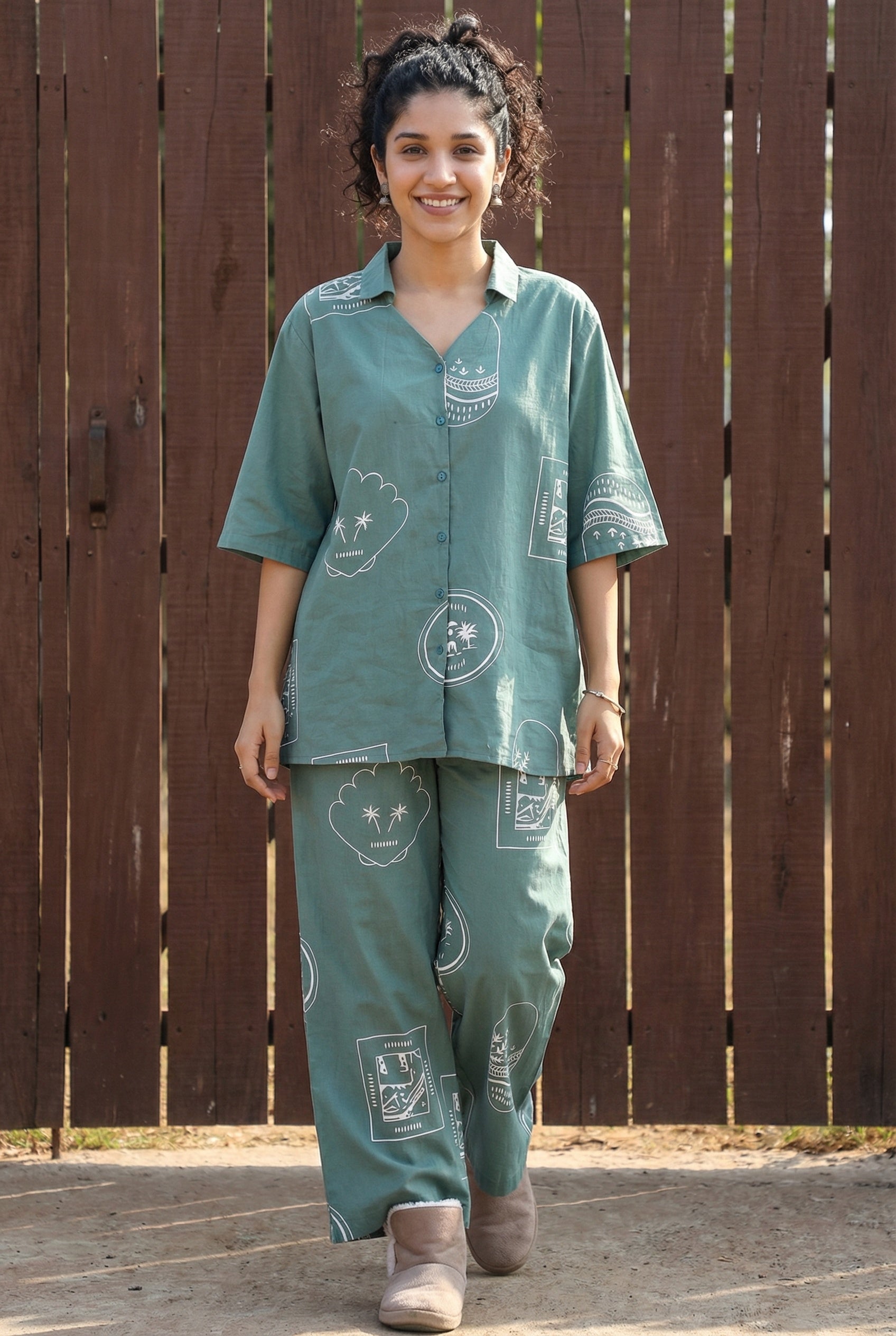 Green Abstract Shirt Collar Pure Cotton Night Suit For Women