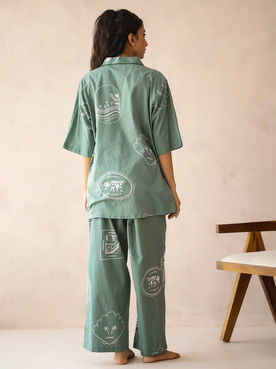 Green Shirt Collar Pure Cotton Printed Abstract Night Suit for Women