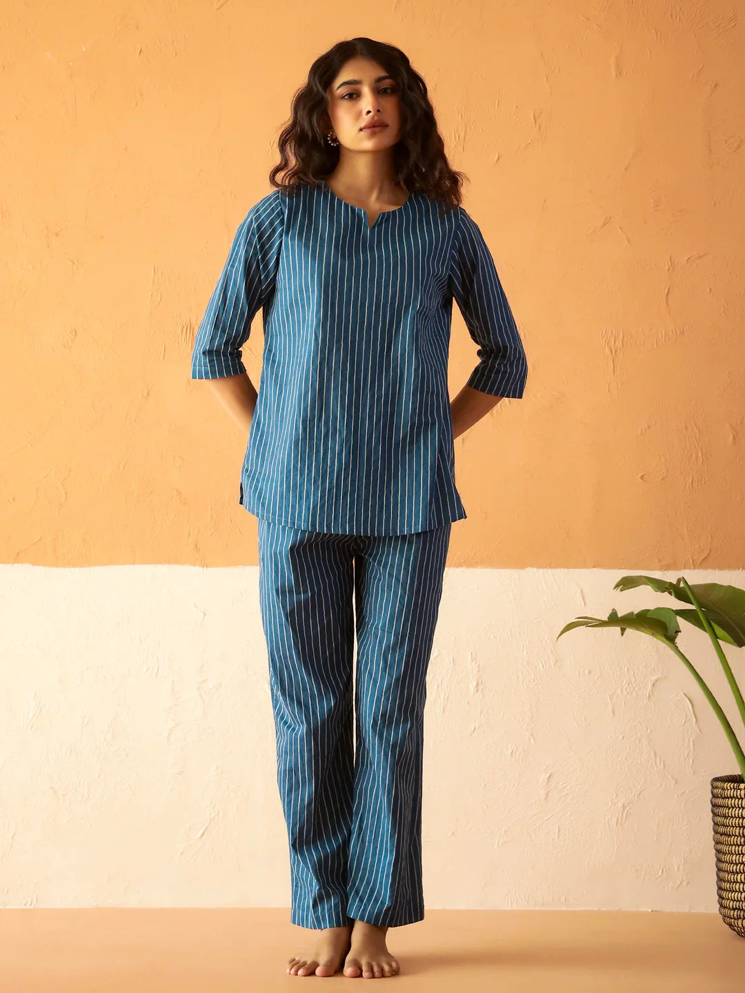 Blue Round Neck Pure Cotton Striped Printed Night Suit for Women - SanskrutiHomes 