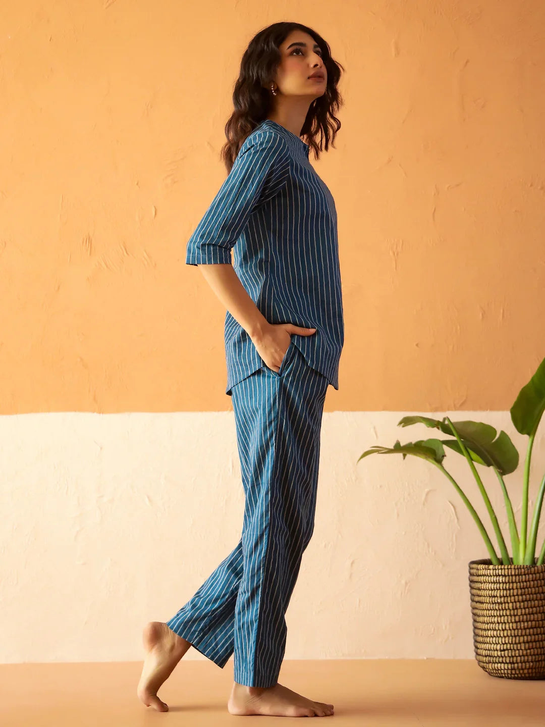 Blue Round Neck Pure Cotton Striped Printed Night Suit for Women - SanskrutiHomes 