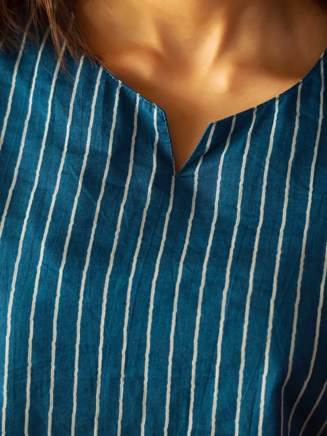 Blue Round Neck Pure Cotton Striped Printed Night Suit for Women - SanskrutiHomes 