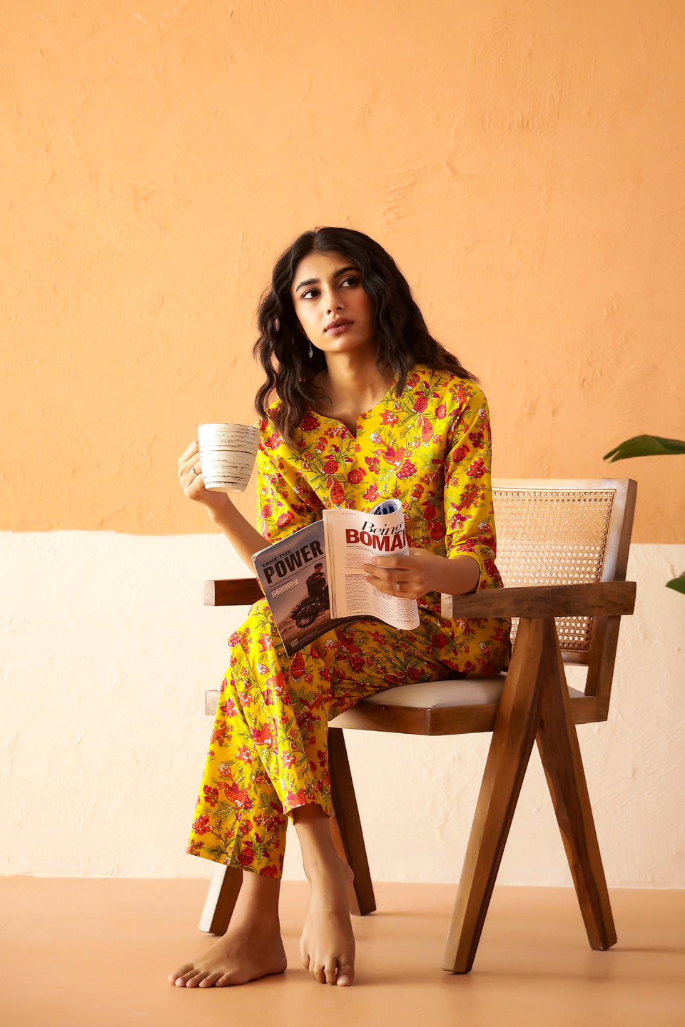 Yellow Round Neck Pure Cotton Printed Floral Night Suit for Women