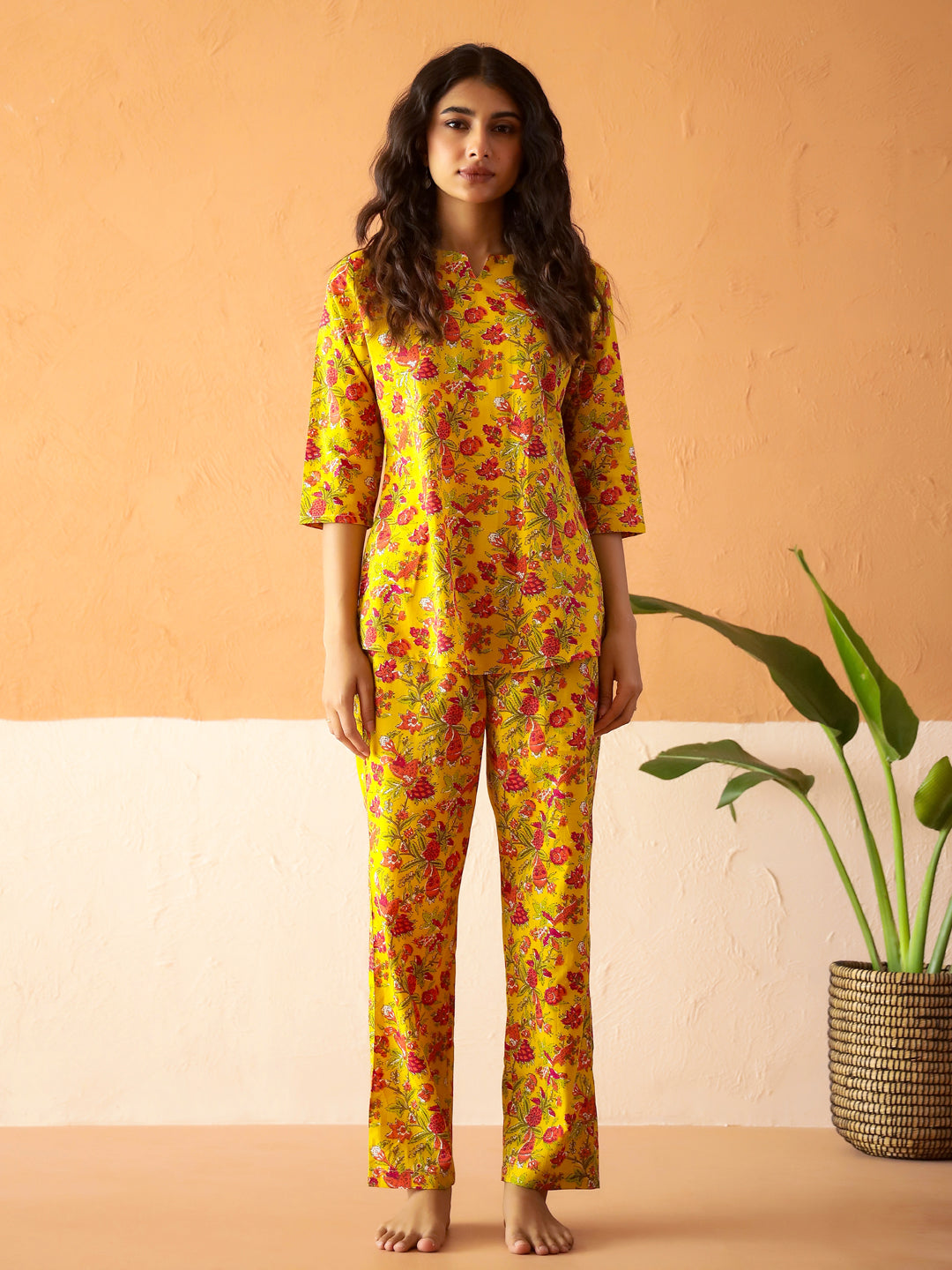Yellow Round Neck Pure Cotton Printed Floral Night Suit for Women