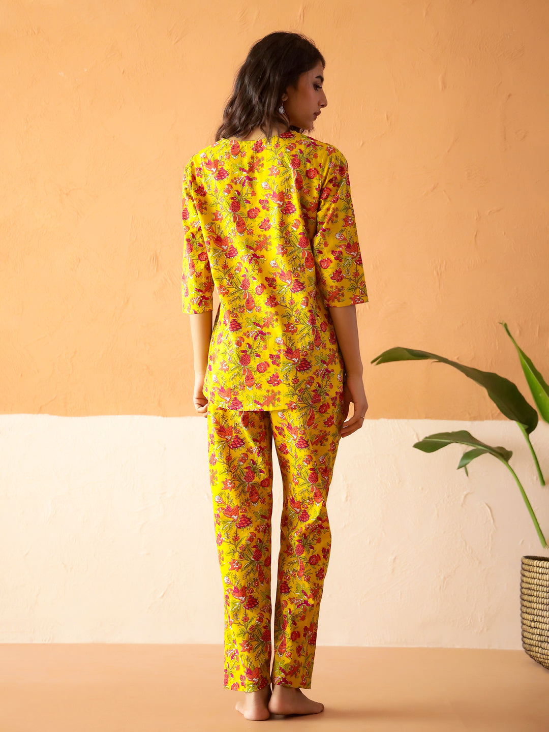 Yellow Round Neck Pure Cotton Printed Floral Night Suit for Women