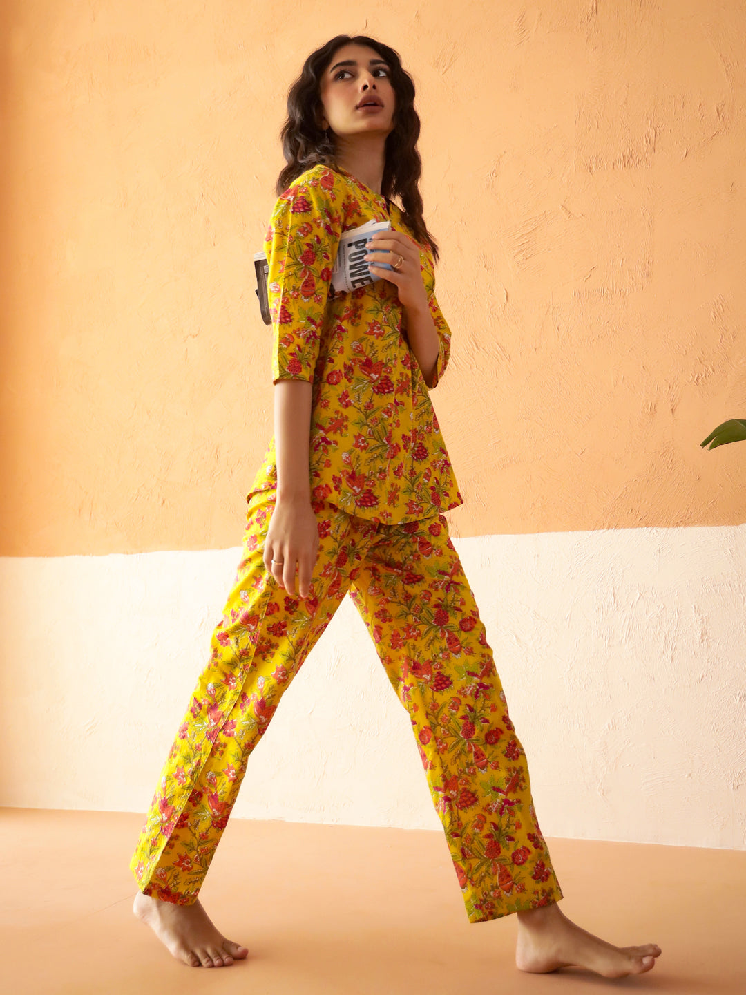 Yellow Round Neck Pure Cotton Printed Floral Night Suit for Women