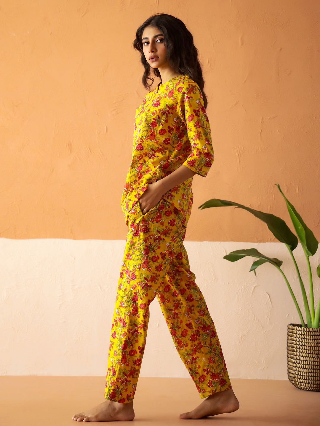 Yellow Round Neck Pure Cotton Printed Floral Night Suit for Women