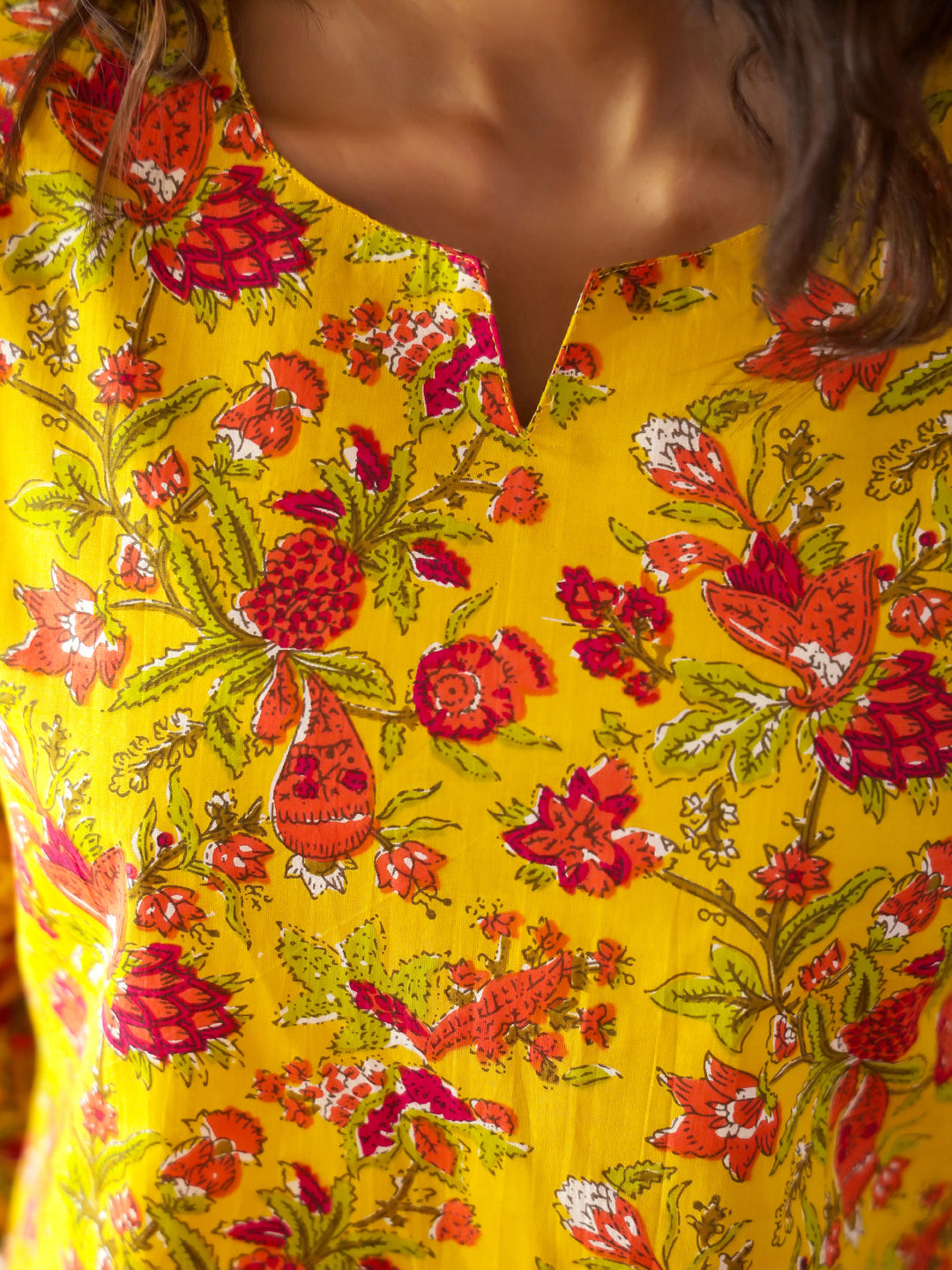 Yellow Round Neck Pure Cotton Printed Floral Night Suit for Women