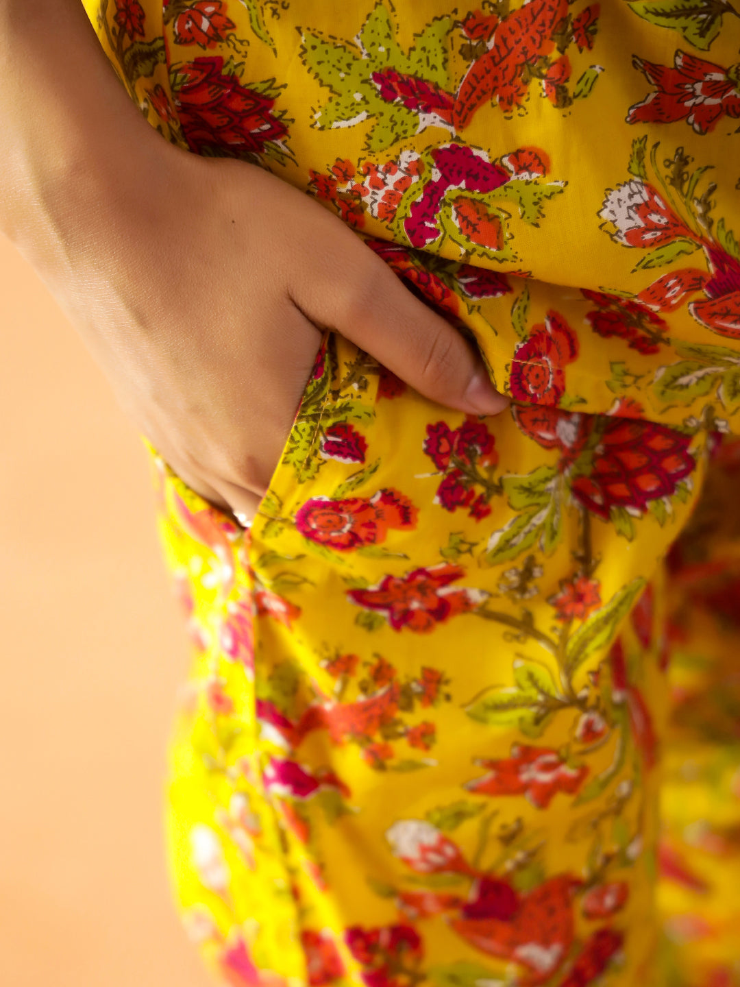 Yellow Round Neck Pure Cotton Printed Floral Night Suit for Women