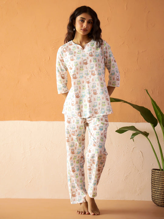 White Round Neck Pure Cotton Animal Printed Night Suit for Women