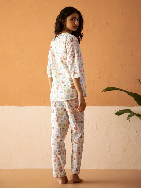 White Round Neck Pure Cotton Animal Printed Night Suit for Women