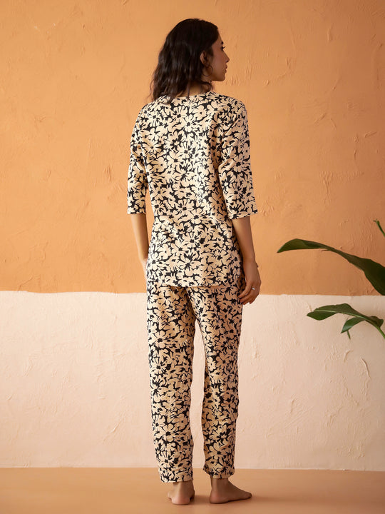 Beige Round Neck Viscose Rayon Printed Floral Night Suit for Women