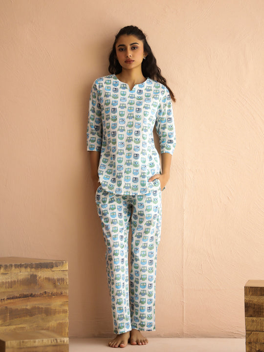 White Round Neck Pure Cotton Printed Animal Night Suit for Women