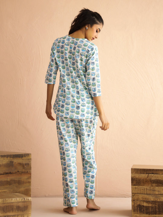 White Round Neck Pure Cotton Printed Animal Night Suit for Women
