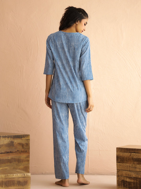 Blue Round Neck Pure Cotton Printed Striped Night Suit for Women