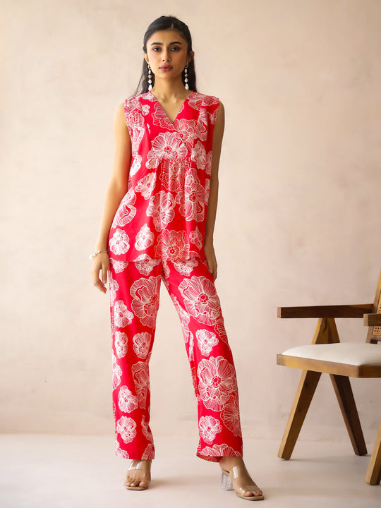 Red V-Neck Viscose Rayon Printed Floral Night Suit for Women