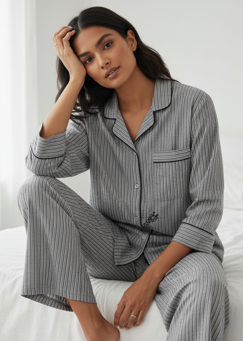 Grey Pure Cotton Striped Print Lapel Collar Night Suit for Women