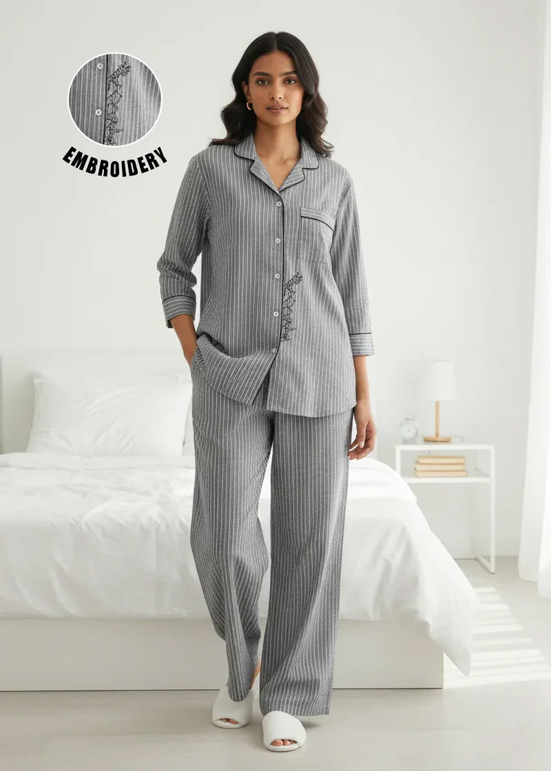 Grey Pure Cotton Striped Print Lapel Collar Night Suit For Women