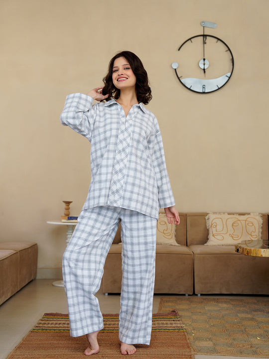White Shirt Collar Pure Cotton Checked Winter Night Suit for Women