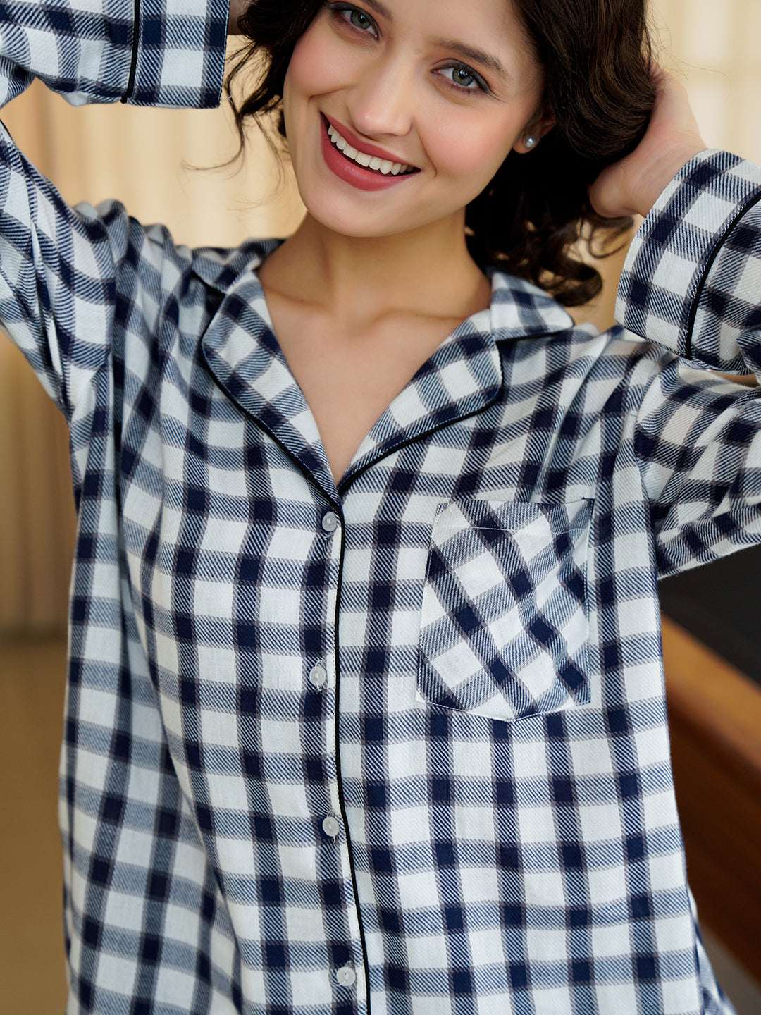 Blue Lapel Collar Pure Cotton Checked Winter Night Suit for Women