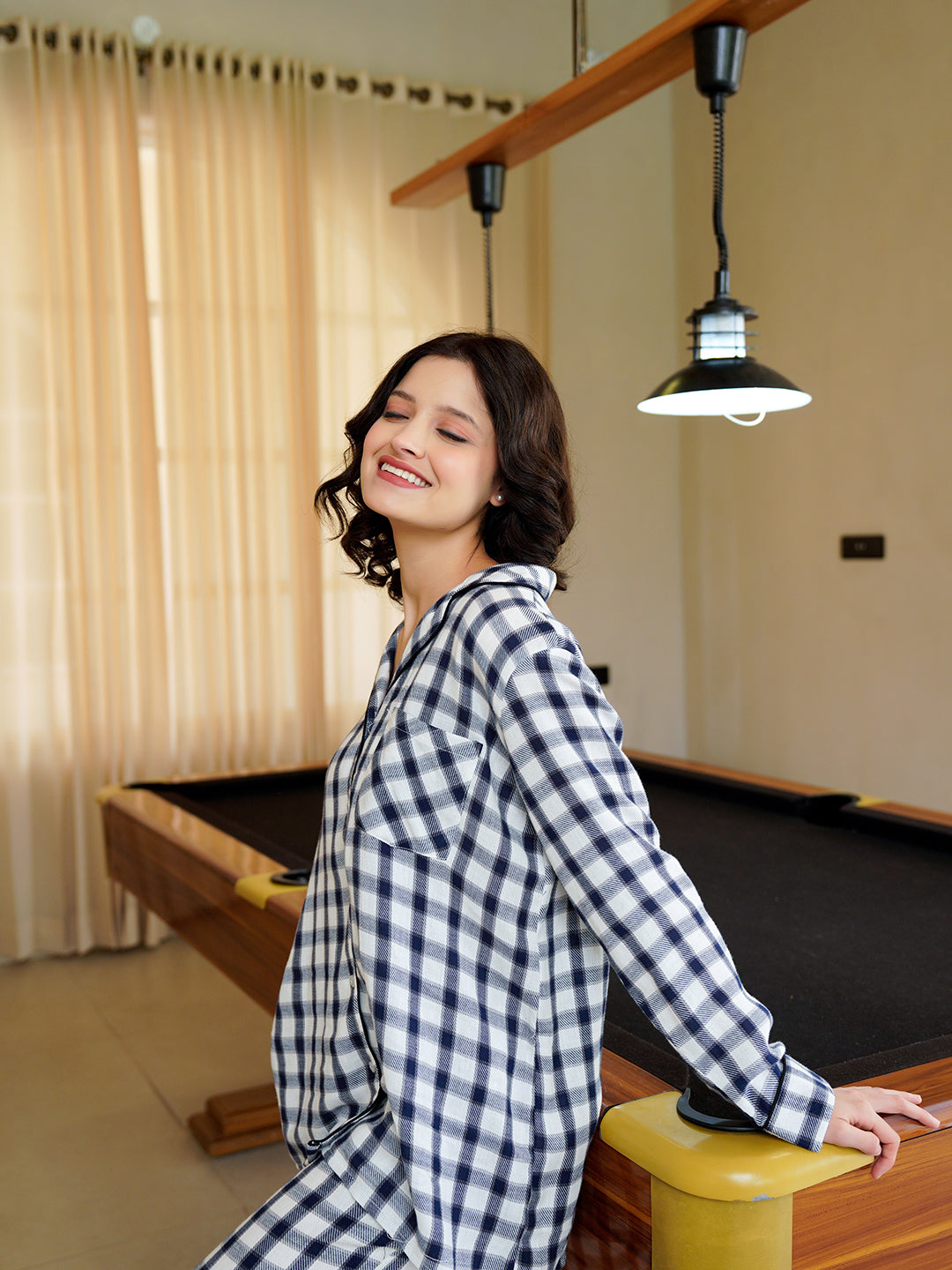 Blue Lapel Collar Pure Cotton Checked Winter Night Suit for Women