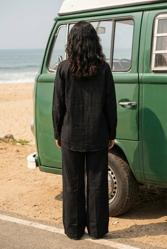 Black Solid Print Shirt Collar Cotton Night Suit Set for Women