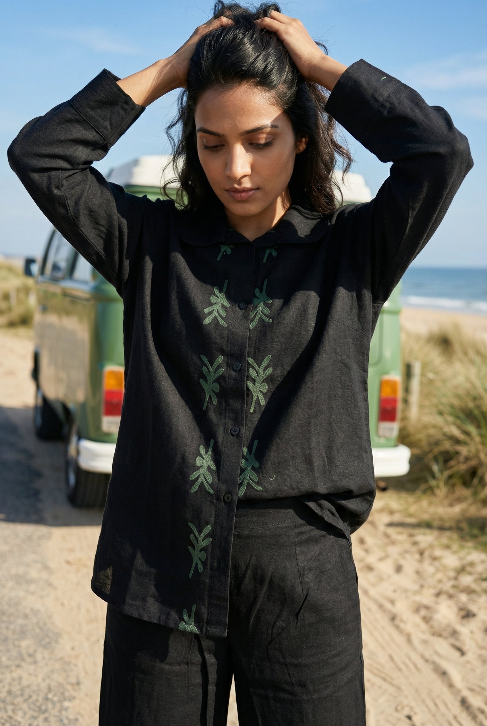 Black Solid Print Shirt Collar Cotton Night Suit Set for Women