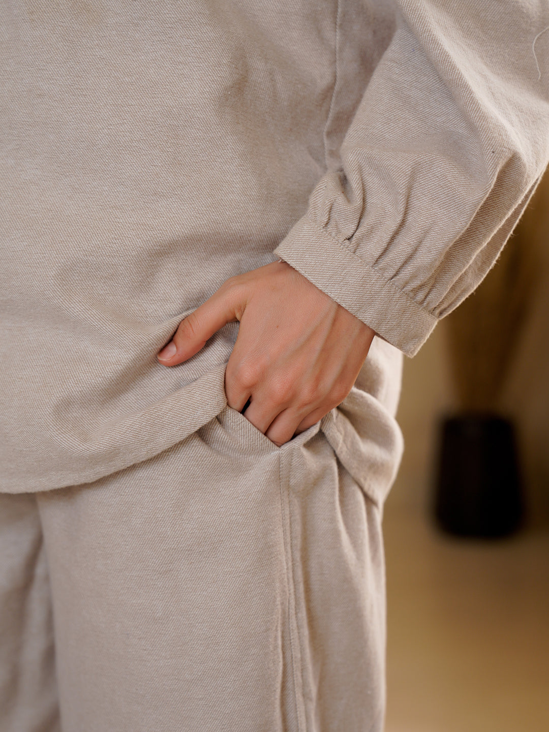 Beige Lapel Collar Pure Cotton Solid Night Suit for Women