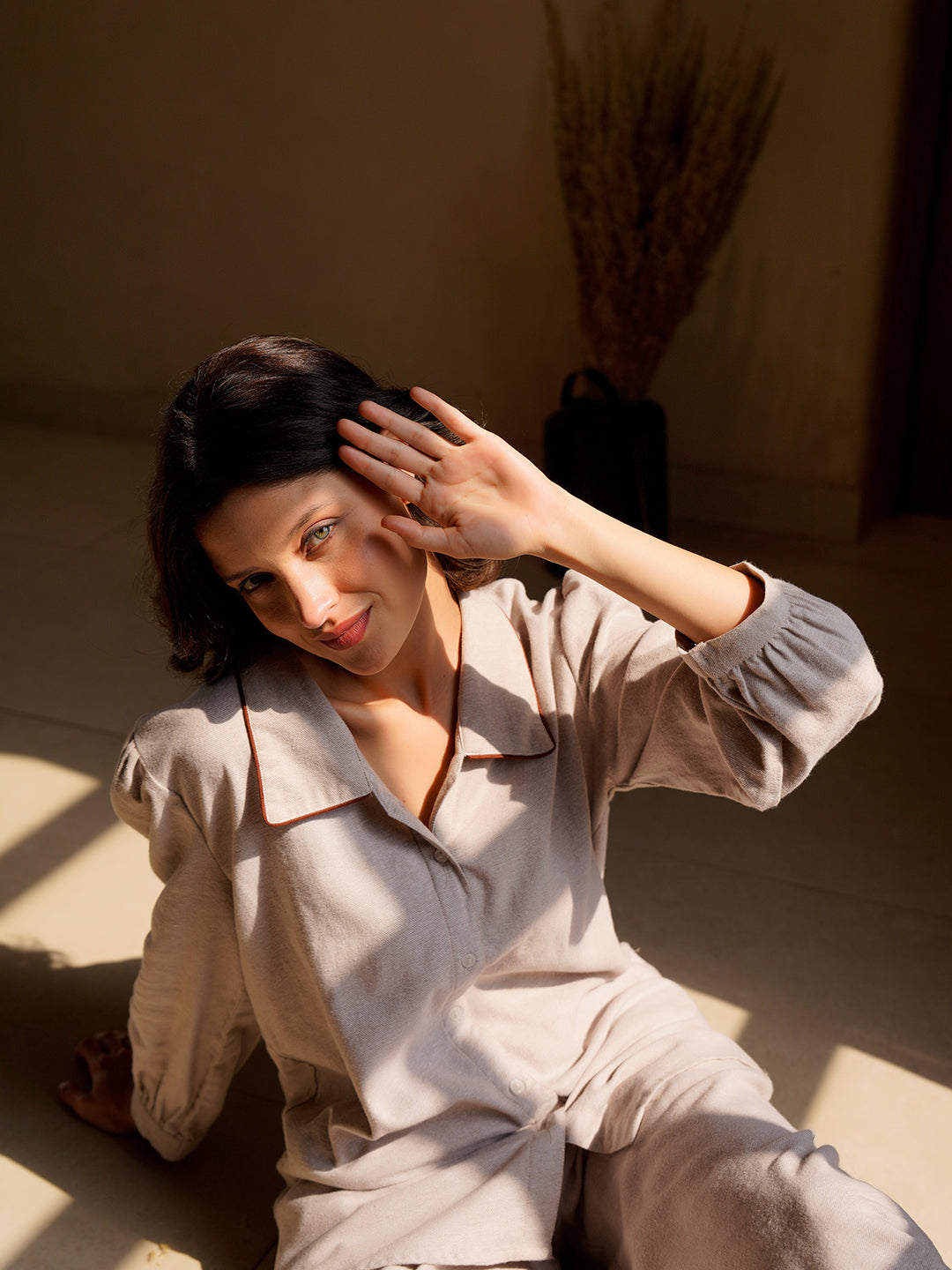 Beige Lapel Collar Pure Cotton Solid Night Suit for Women