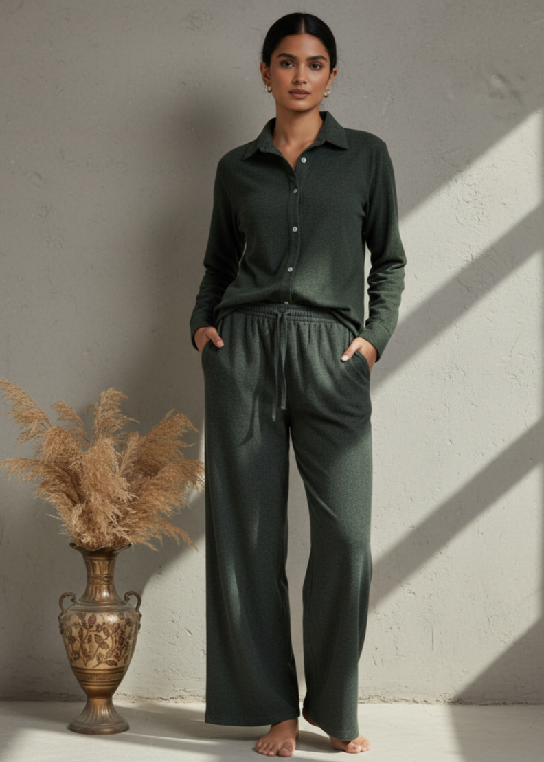 Green Solid Pure Cotton Shirt Collar Night Suit for Women
