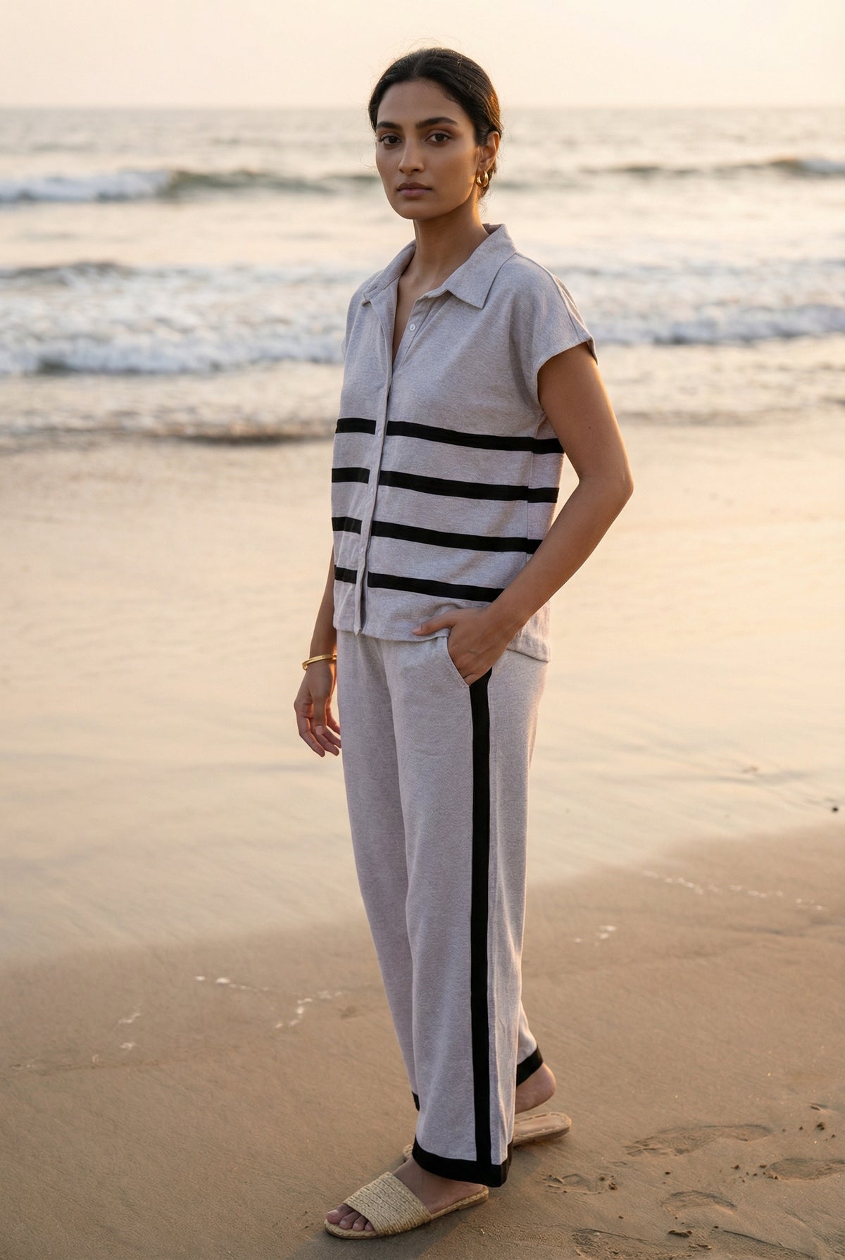 Cream Self Design Shirt Collar Pure Cotton Night Suit For Women
