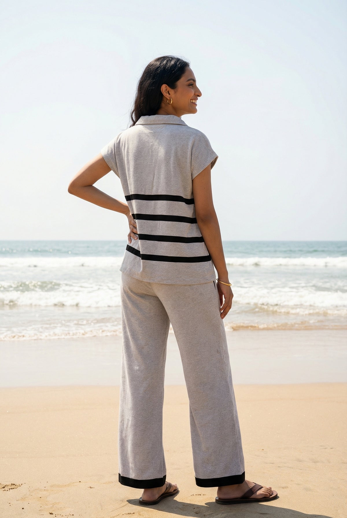 Cream Self Design Shirt Collar Pure Cotton Night Suit For Women